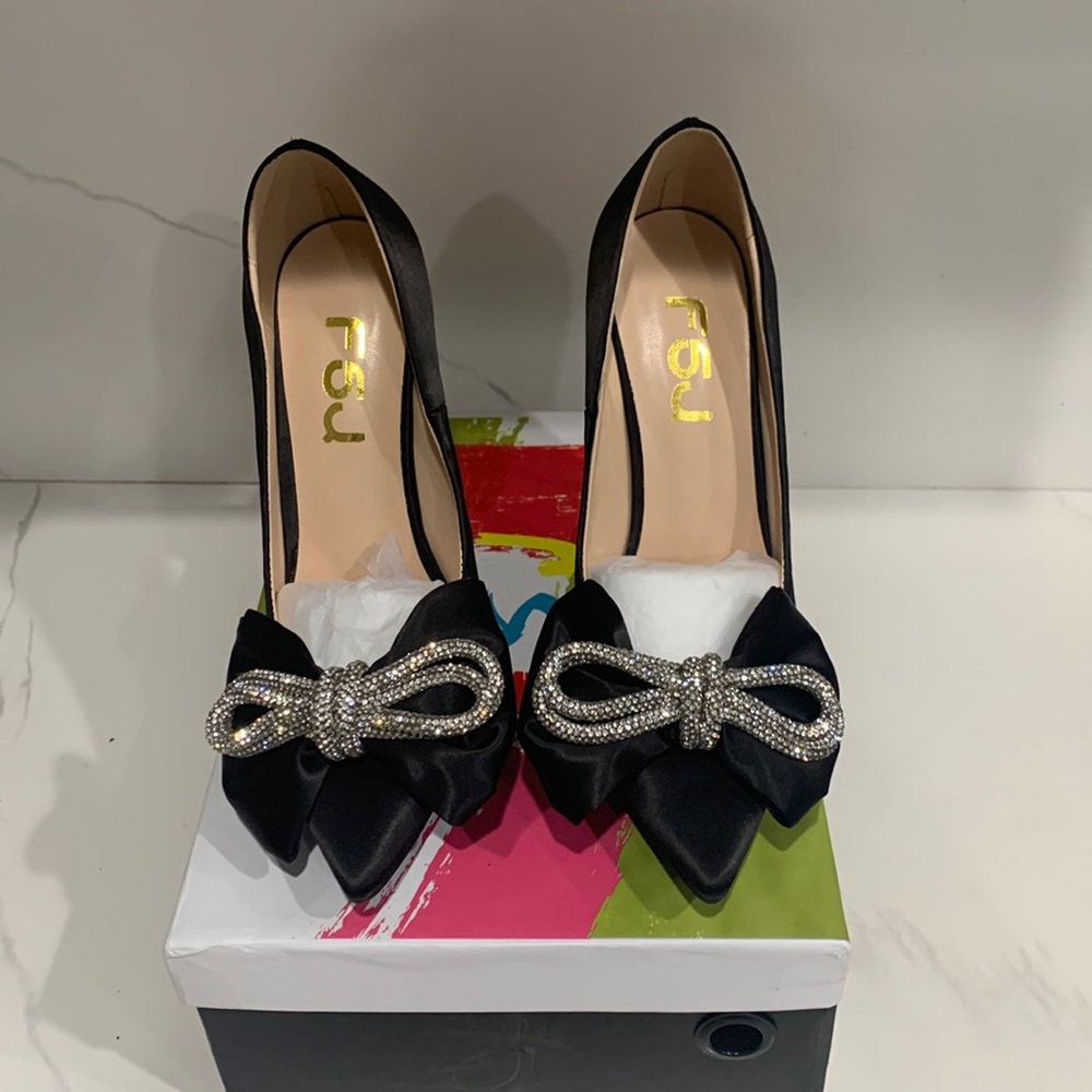 FSJ Black Satin Rhinestone Silhouettes Heels